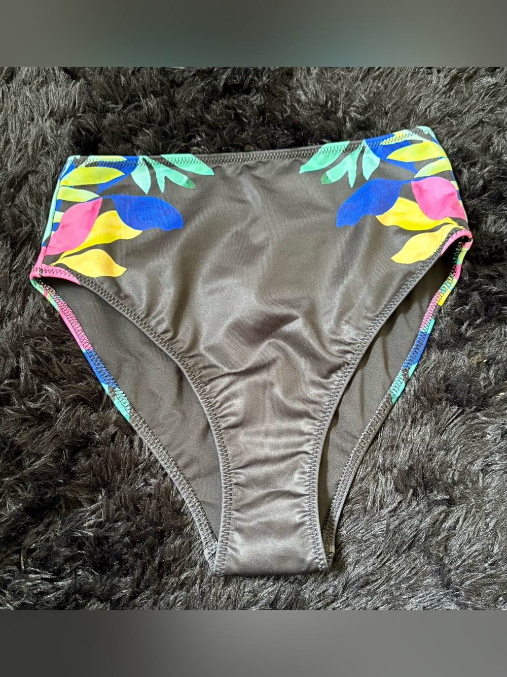 PINK Victoria's Secret Black High-Waist Bikini Bottom with Multicolor Leaf Print